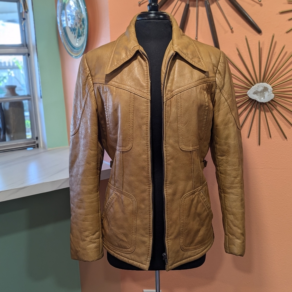 Vintage Tan Leather Zip Front Jacket - Picture 7 of 15